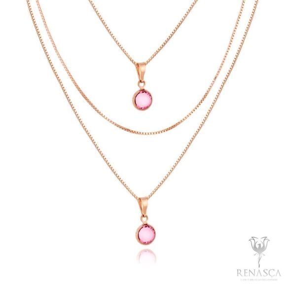 Necklace 3 layers rose gold plated 2 light pink Swarovski crystals box Ipsy bag - Picture 1 of 7